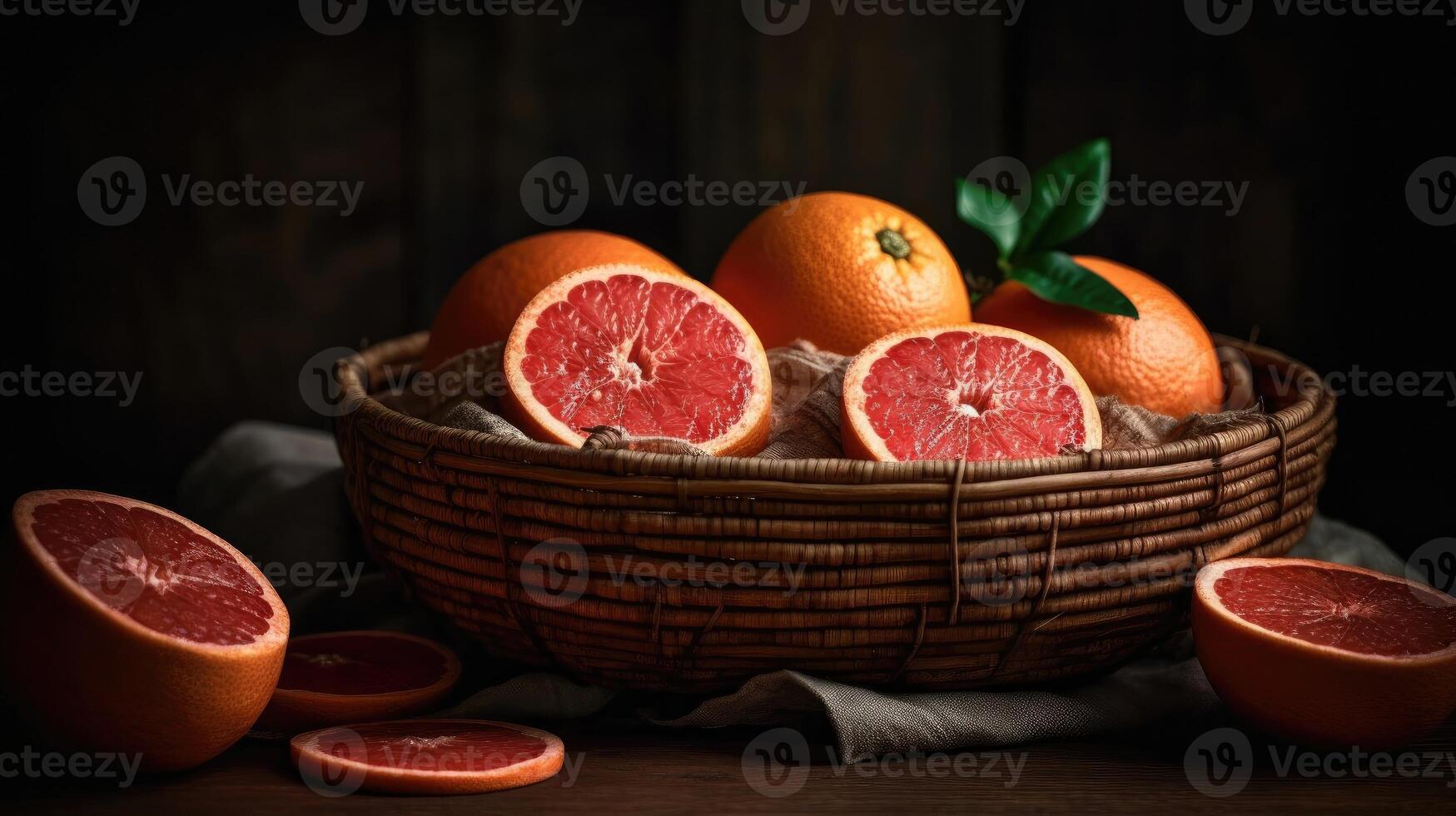 Grapefruits in a bamboo basket on a black background, photo