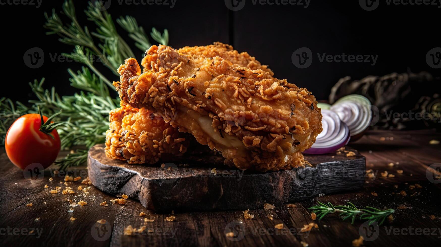 Crispy Fried Chicken on wooden plate with blurred background, AI Generative photo