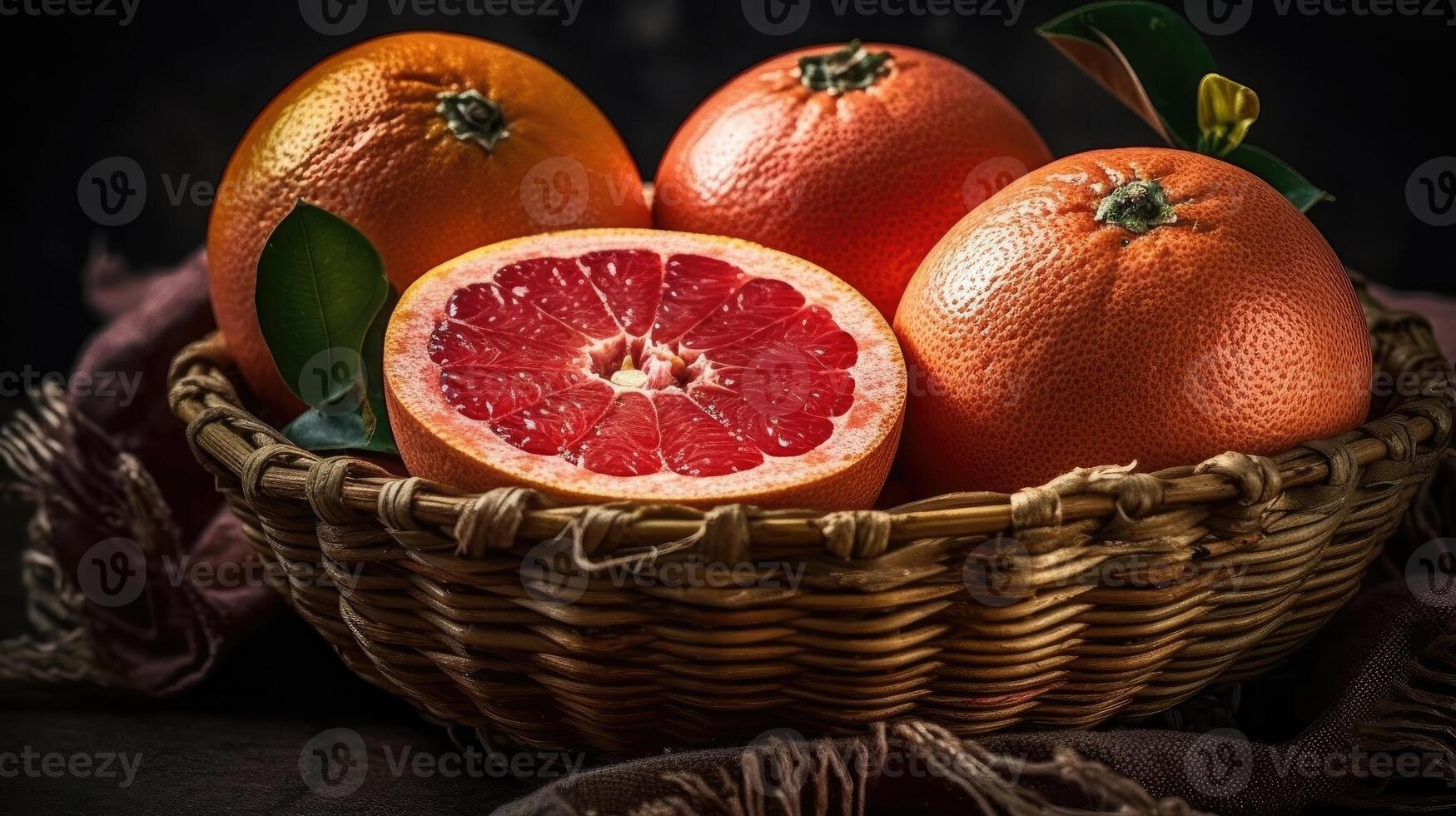 Grapefruits in a bamboo basket on wooden table with blur background, photo