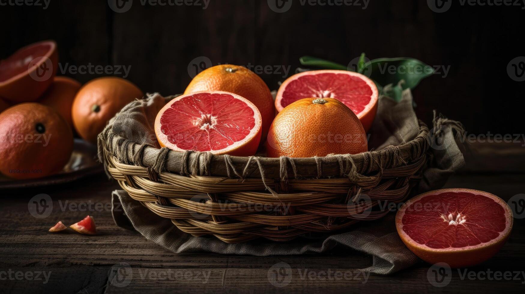 Grapefruits in a bamboo basket on a black background, photo