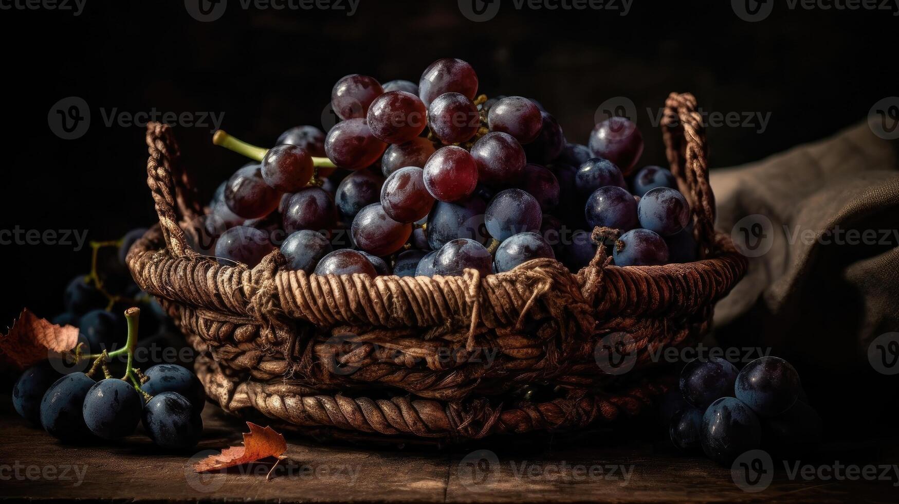 close-up fresh grape fruits on bamboo basket with blurred background, photo