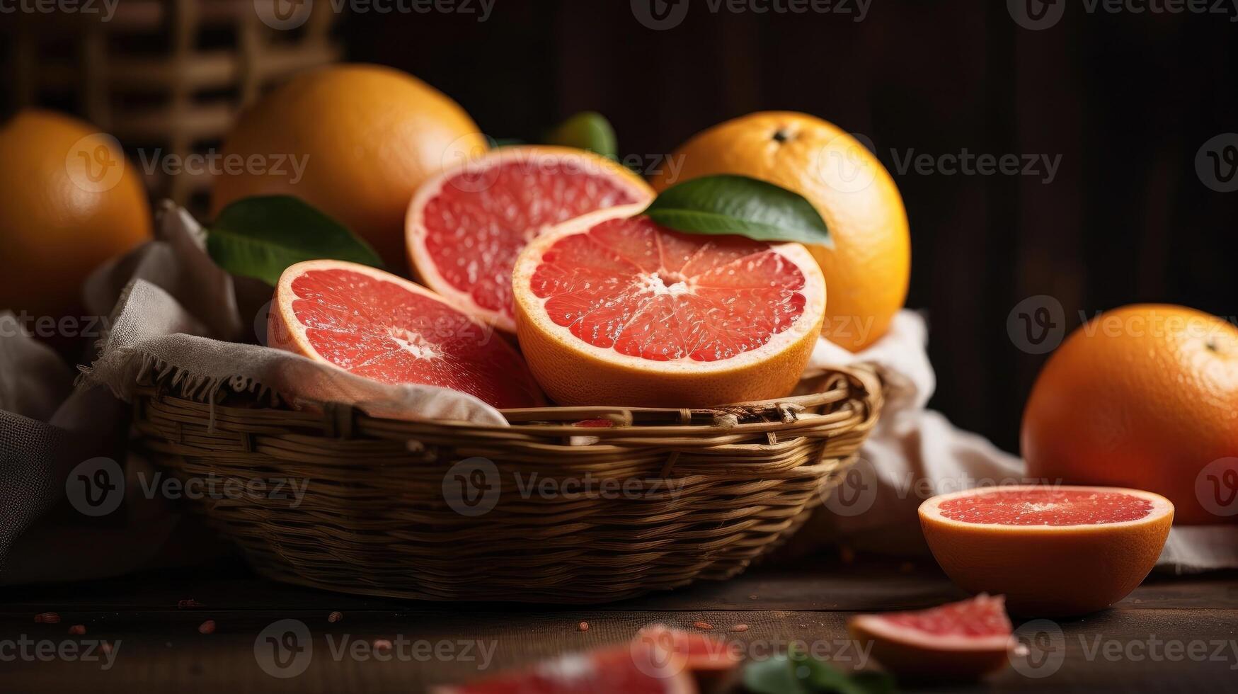 Closeup Grapefruits in a bamboo basket on a black background, photo