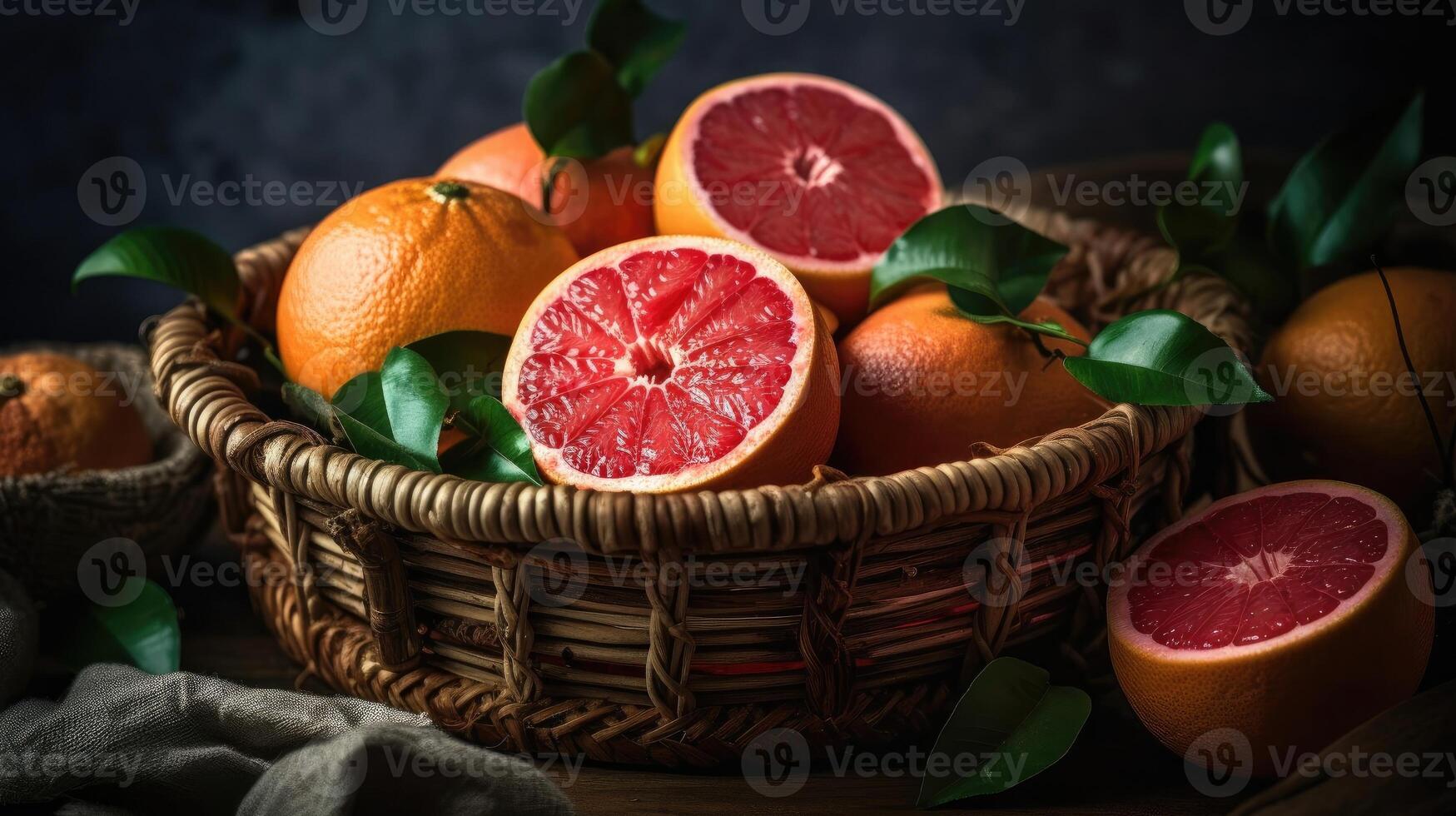 Grapefruits in a bamboo basket on a black background, photo