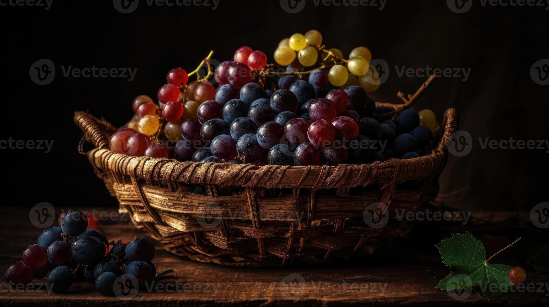 Grape fruits on bamboo basket with blurred background, photo