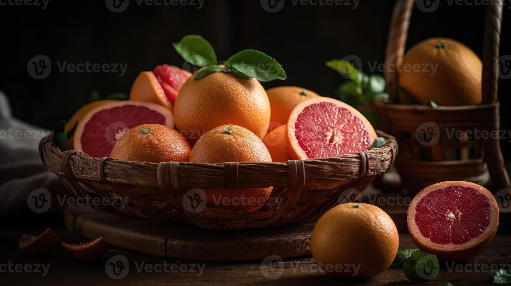 Closeup Grapefruits in a bamboo basket on a black background, photo