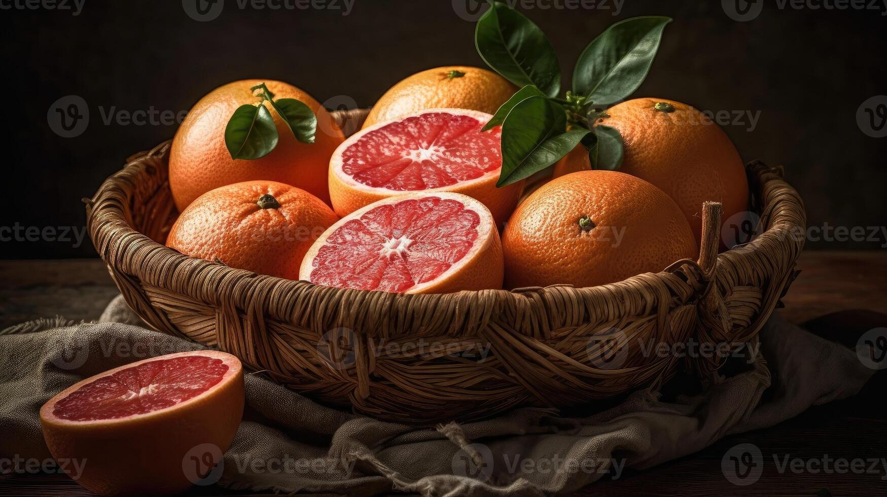 Grapefruits in a bamboo basket on a black background, photo