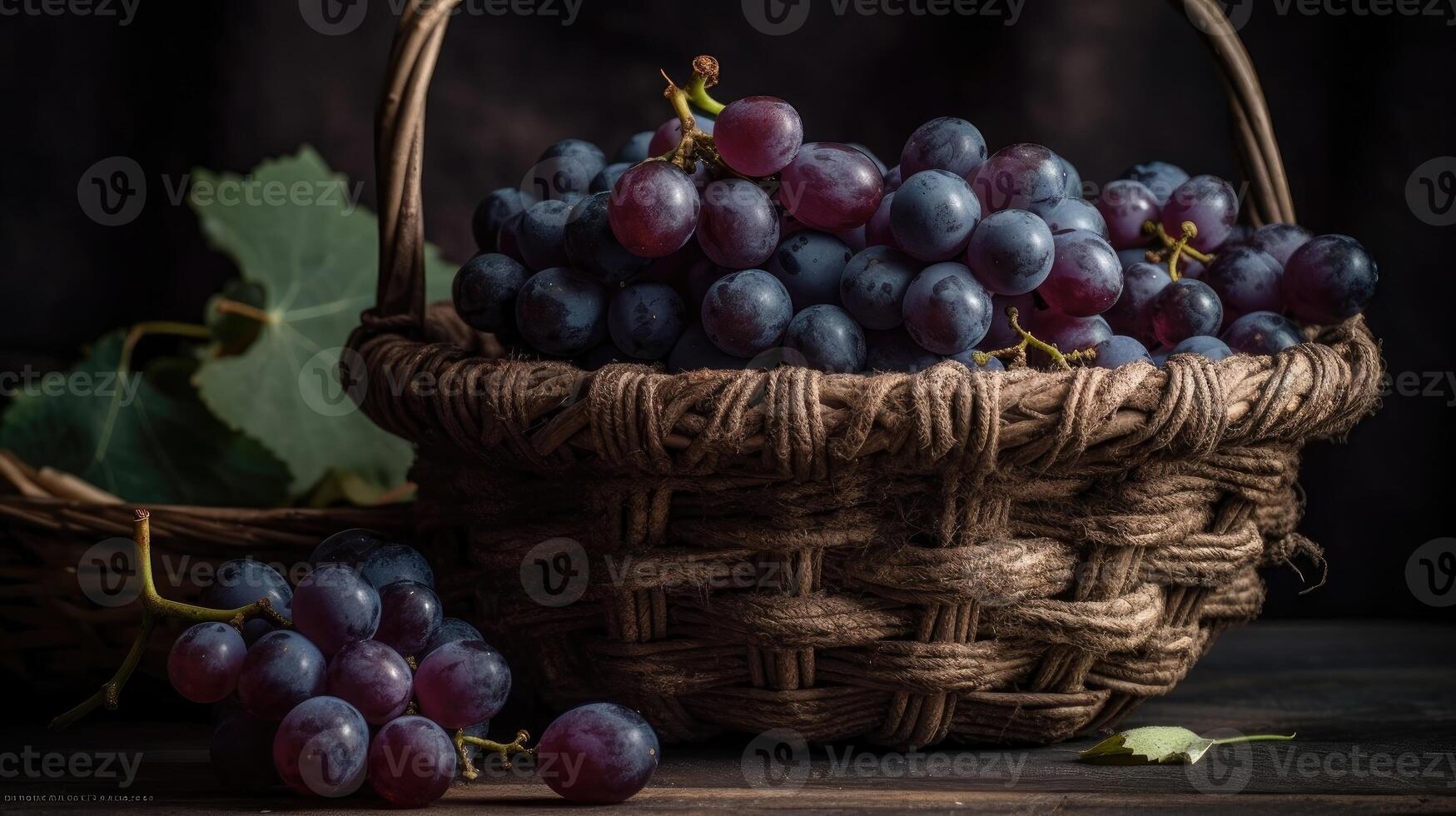 Fresh Grape fruits on bamboo basket with blurred background, photo