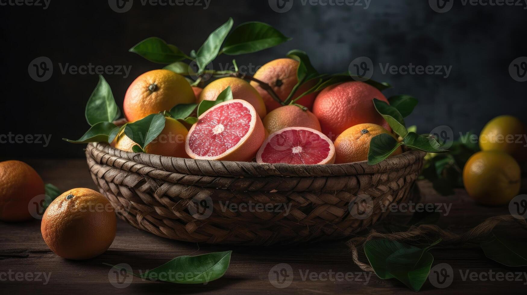 Closeup Grapefruits in a bamboo basket on a black background, photo