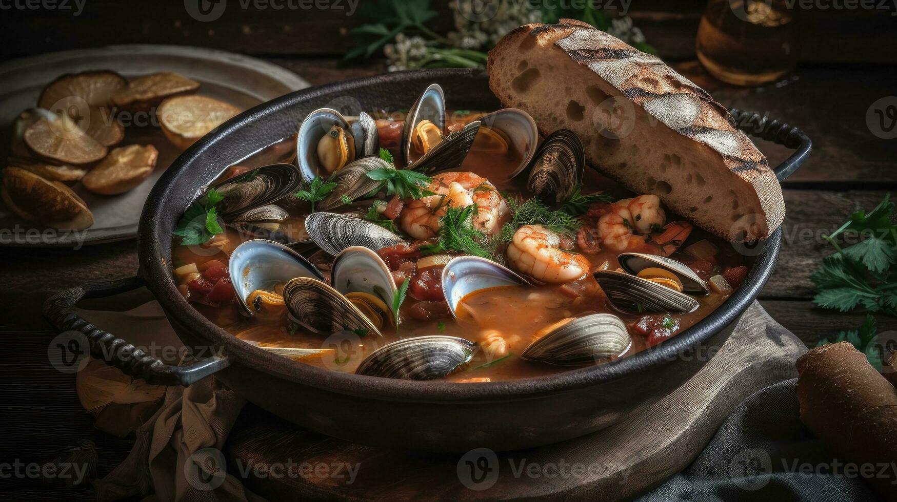 Cioppino sopa con almeja carne en un negro plato y difuminar fondo, ai generativo foto