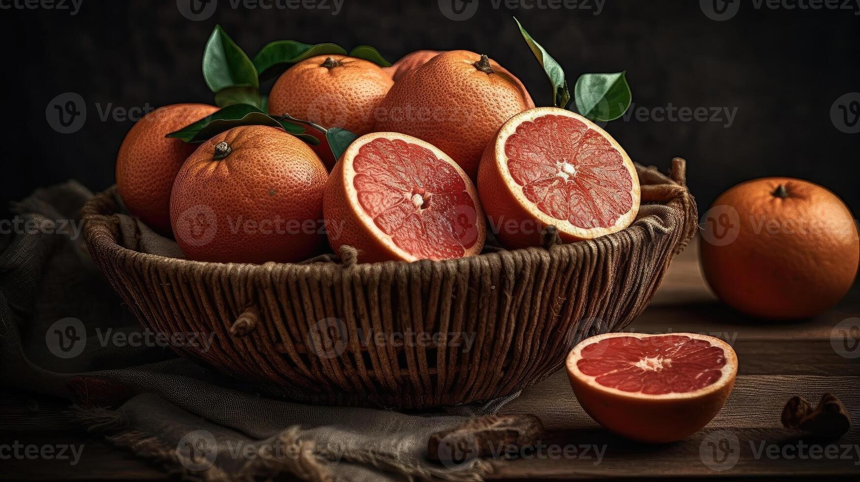 Grapefruits in a bamboo basket on a black background, photo