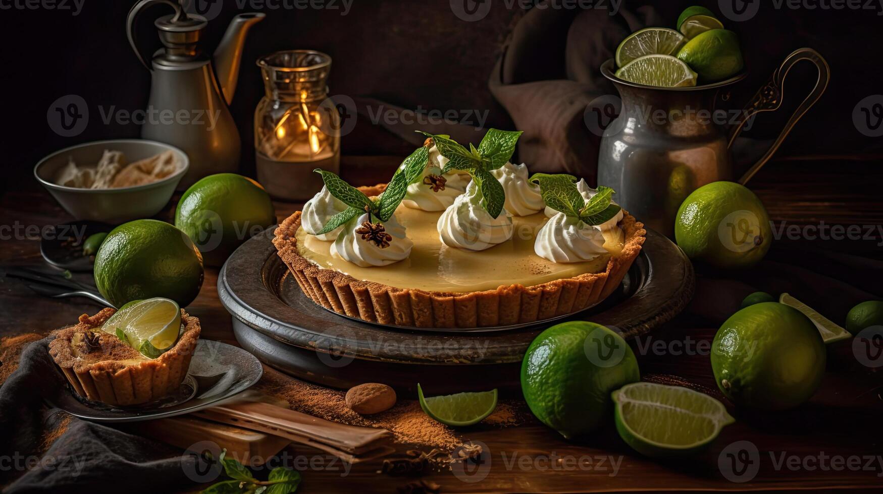 close up sweet lime pie with sliced lime fruit blur background, AI Generative photo