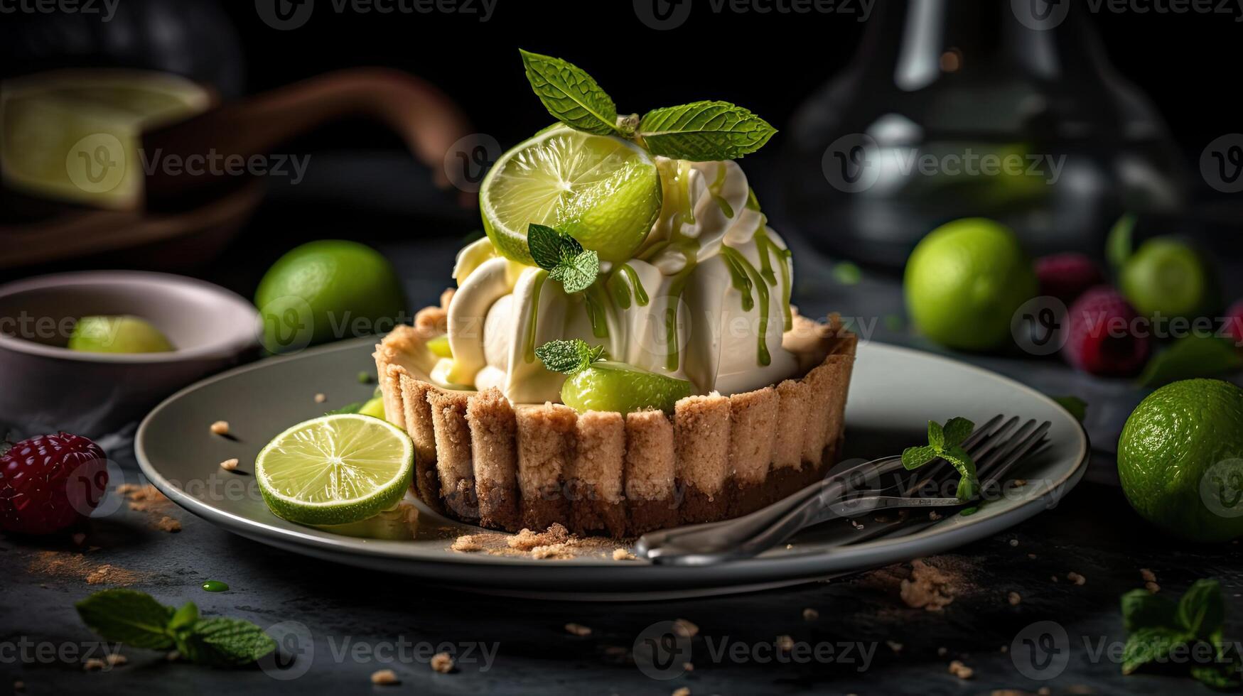 close up sweet lime pie with sliced lime fruit blur background, AI Generative photo