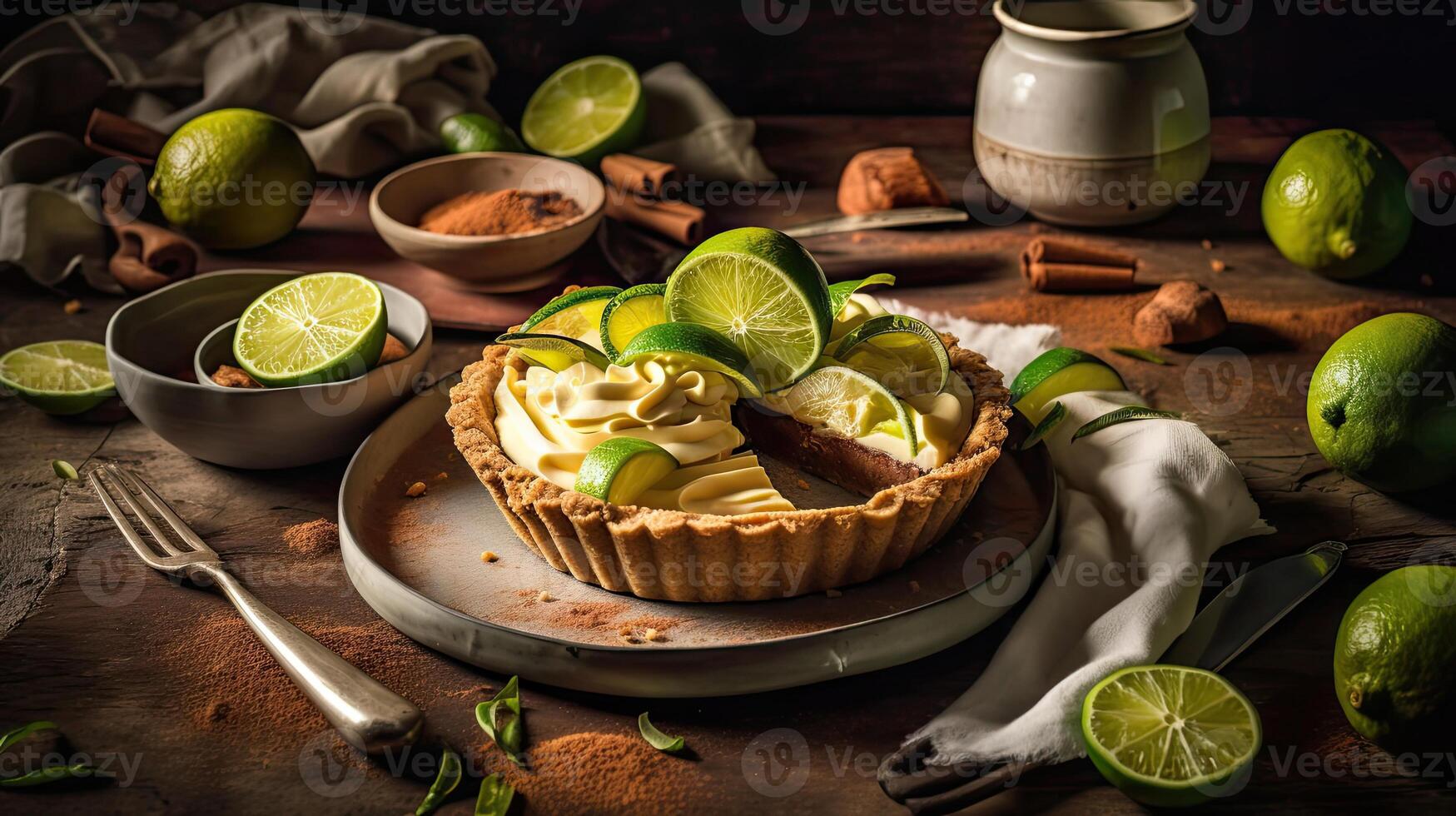 Lime Pie with sliced lime fruit blur background, AI Generative photo