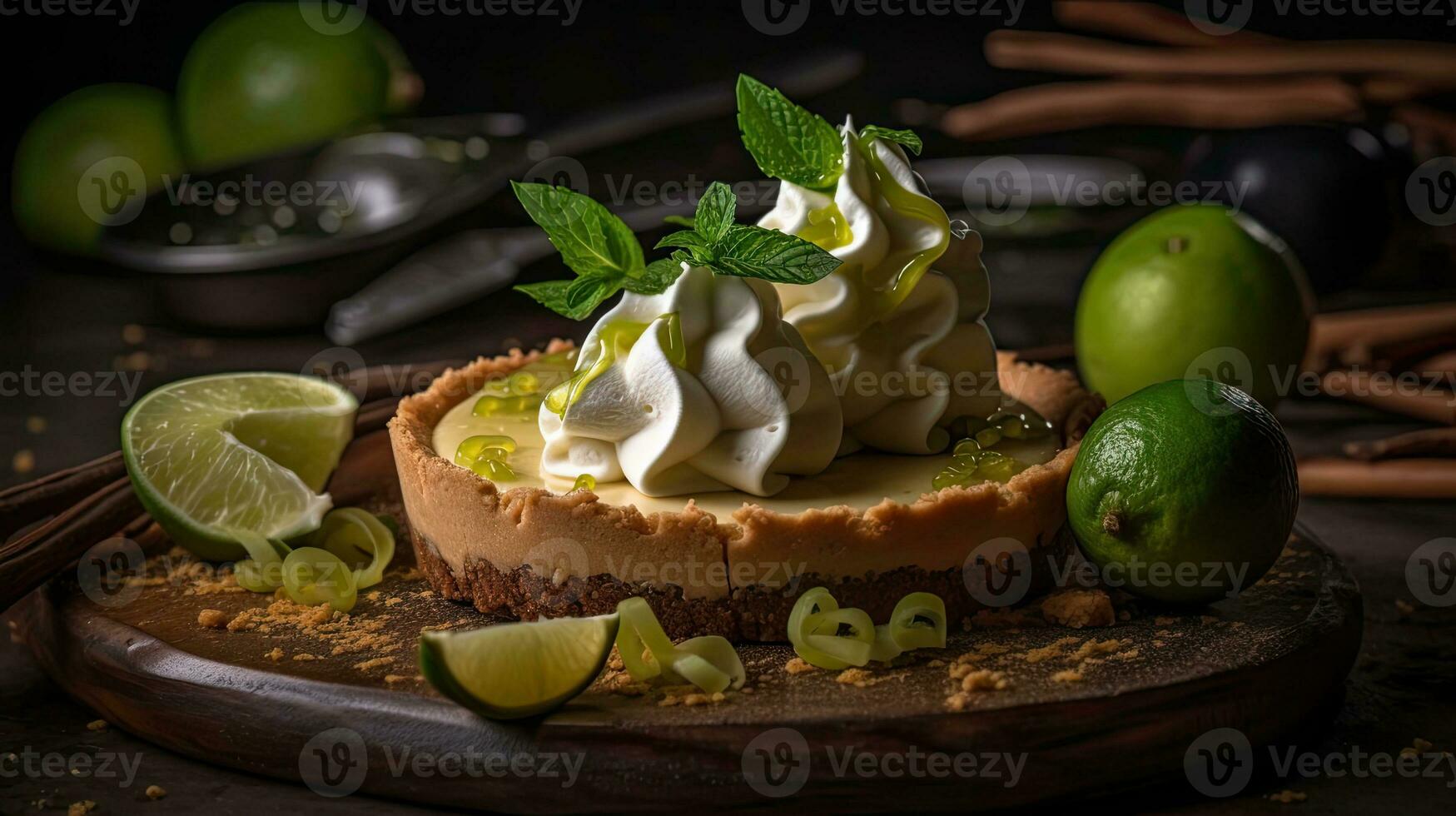 Lime Pie with sliced lime fruit blur background, AI Generative photo