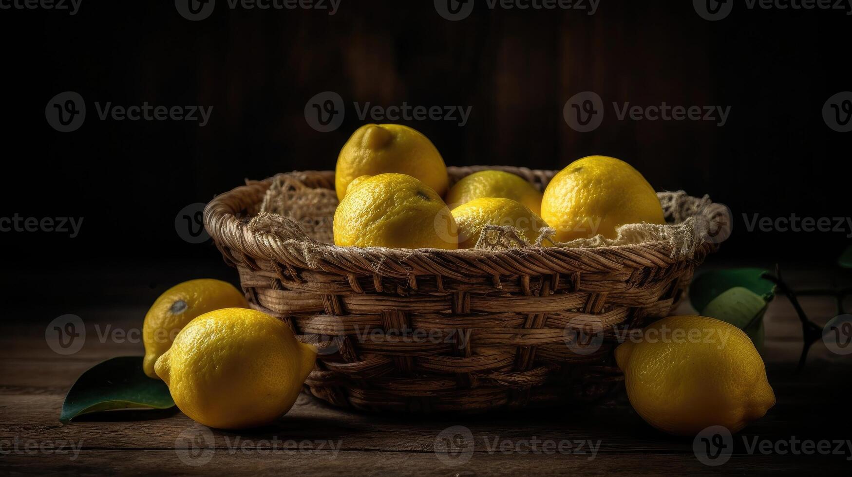 Fresh Lemon in a bamboo basket with blurred background, photo