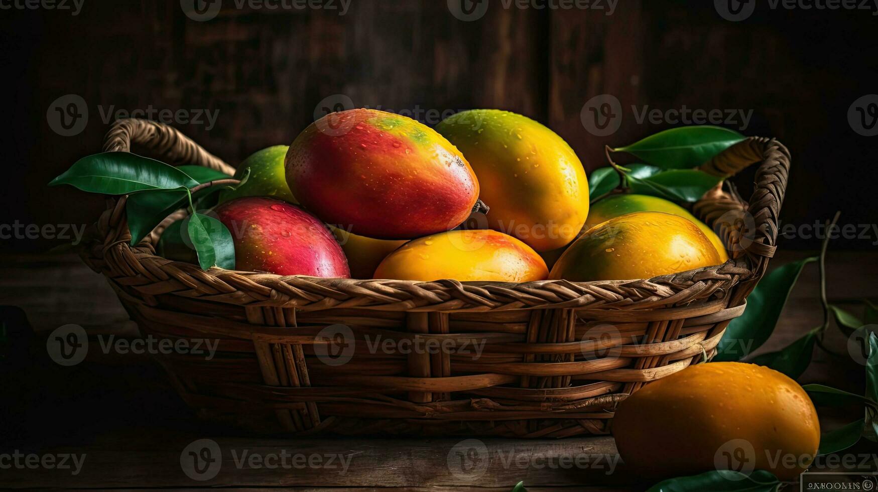 de cerca Fresco mango frutas en un bambú cesta con borroso fondo, ai generativo foto