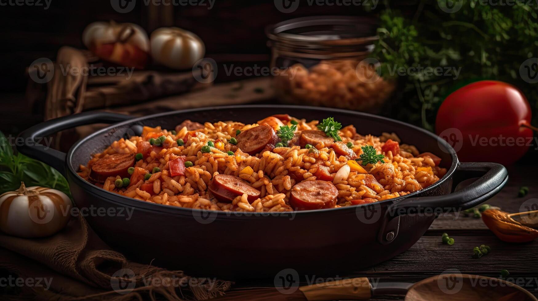 fried rice on ceramic bowl full of prawns and sausages with blurred background, photo