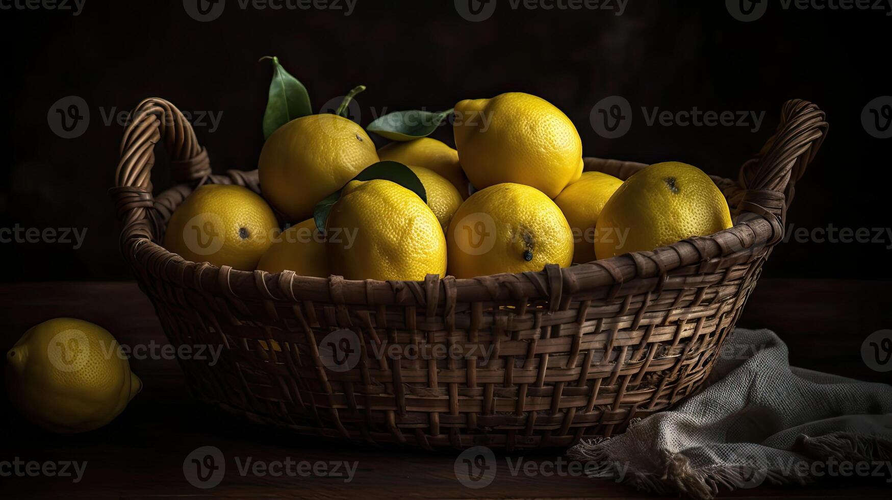 Fresh Lemon in a bamboo basket with blurred background, photo