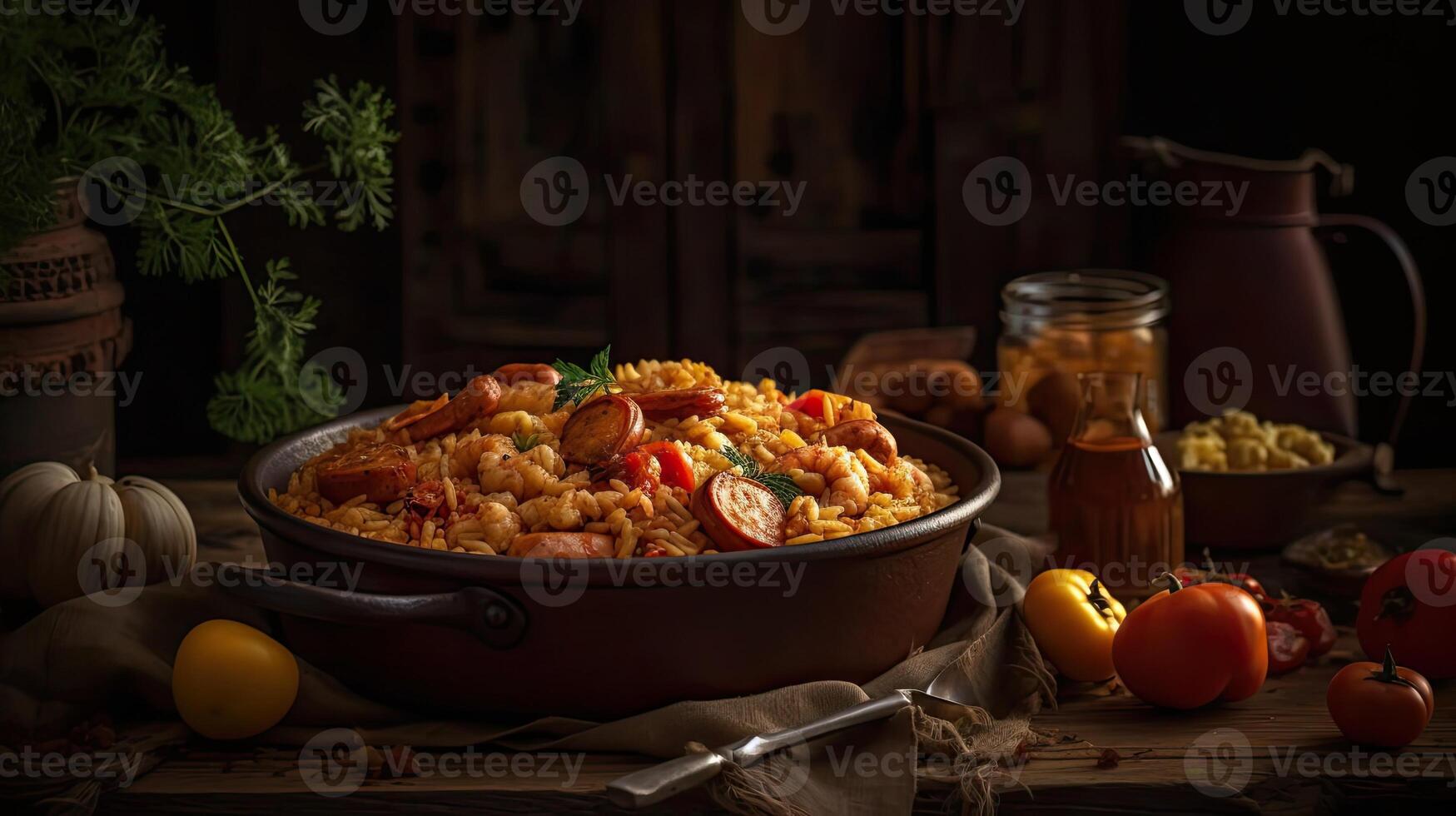 fried rice on ceramic bowl full of prawns and sausages with blurred background, photo