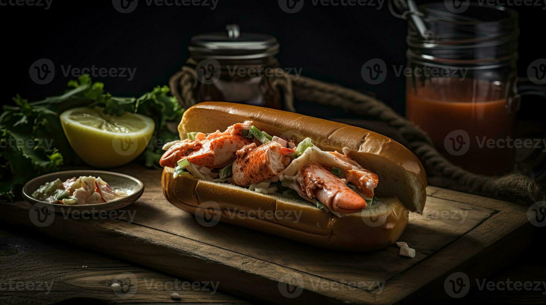 Lobster Rolls full of chunks of lobster meat and vegetables on a wooden plate, AI Generative photo