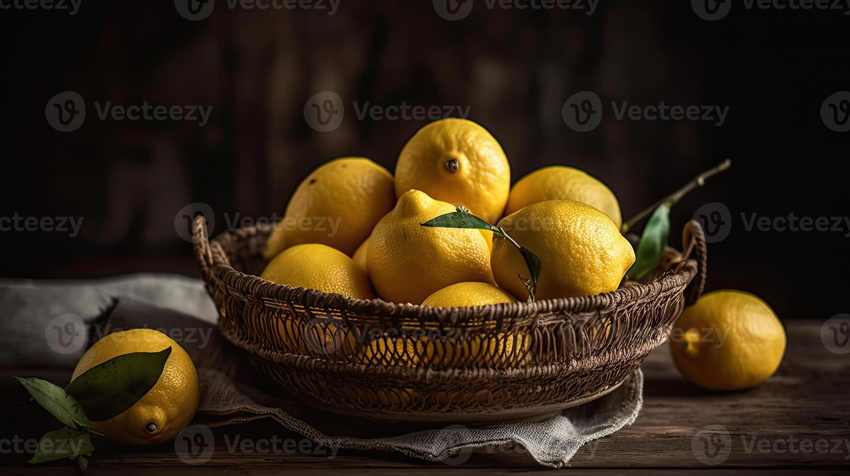 Closeup Fresh Lemon in a bamboo basket with blurred background, photo