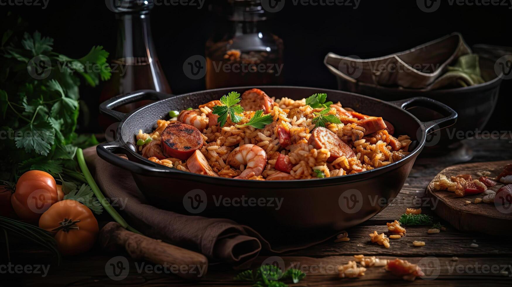 Fried Rice on bowl full of prawns and sausages with blurred background, AI Generative photo