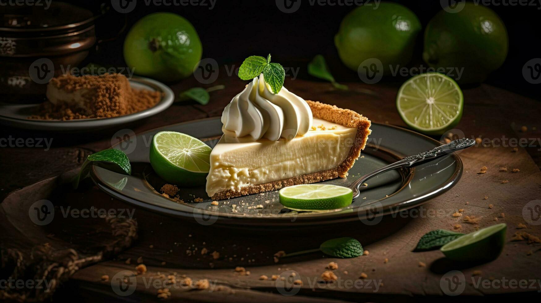 close up sweet lime pie with sliced lime fruit blur background, AI Generative photo