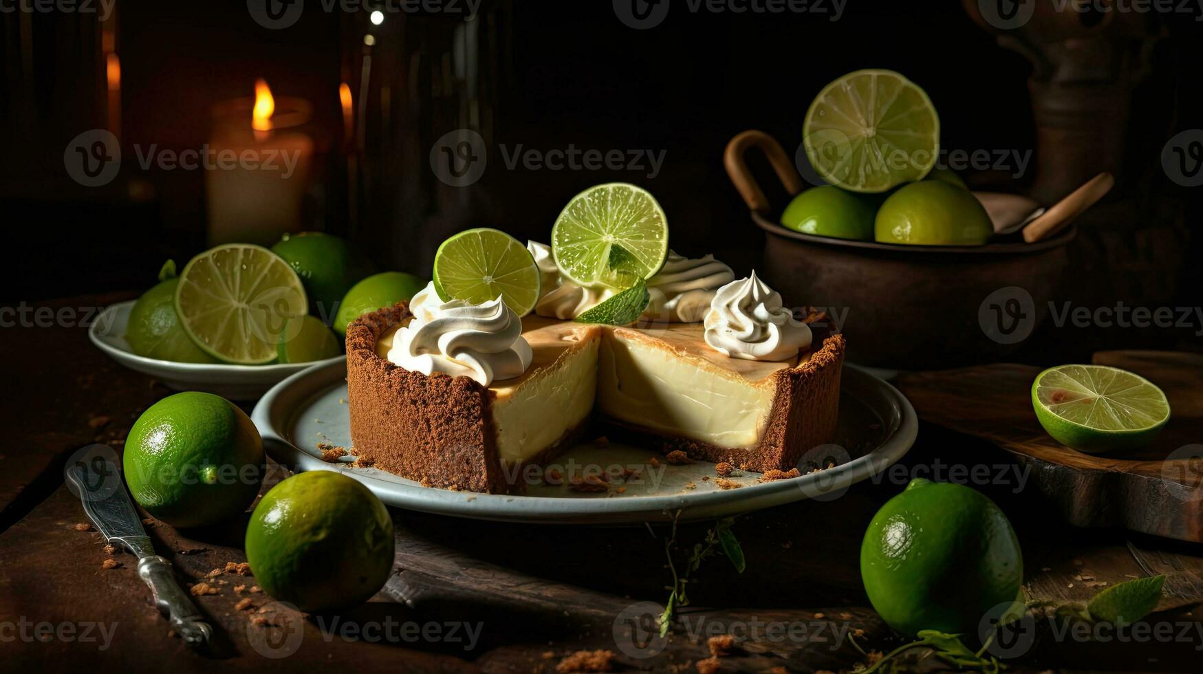 close up sweet lime pie with sliced lime fruit blur background, AI Generative photo