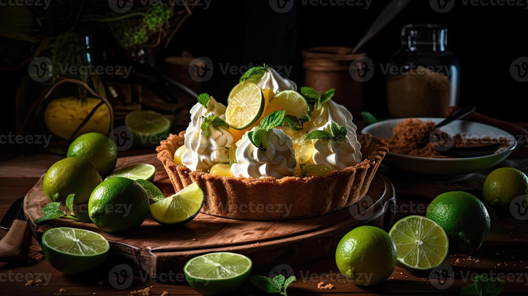 close up sweet lime pie with sliced lime fruit blur background, AI Generative photo