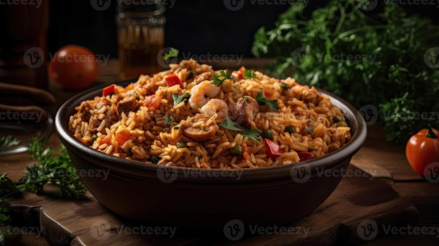 fried rice on ceramic bowl full of prawns and sausages with blurred background, photo