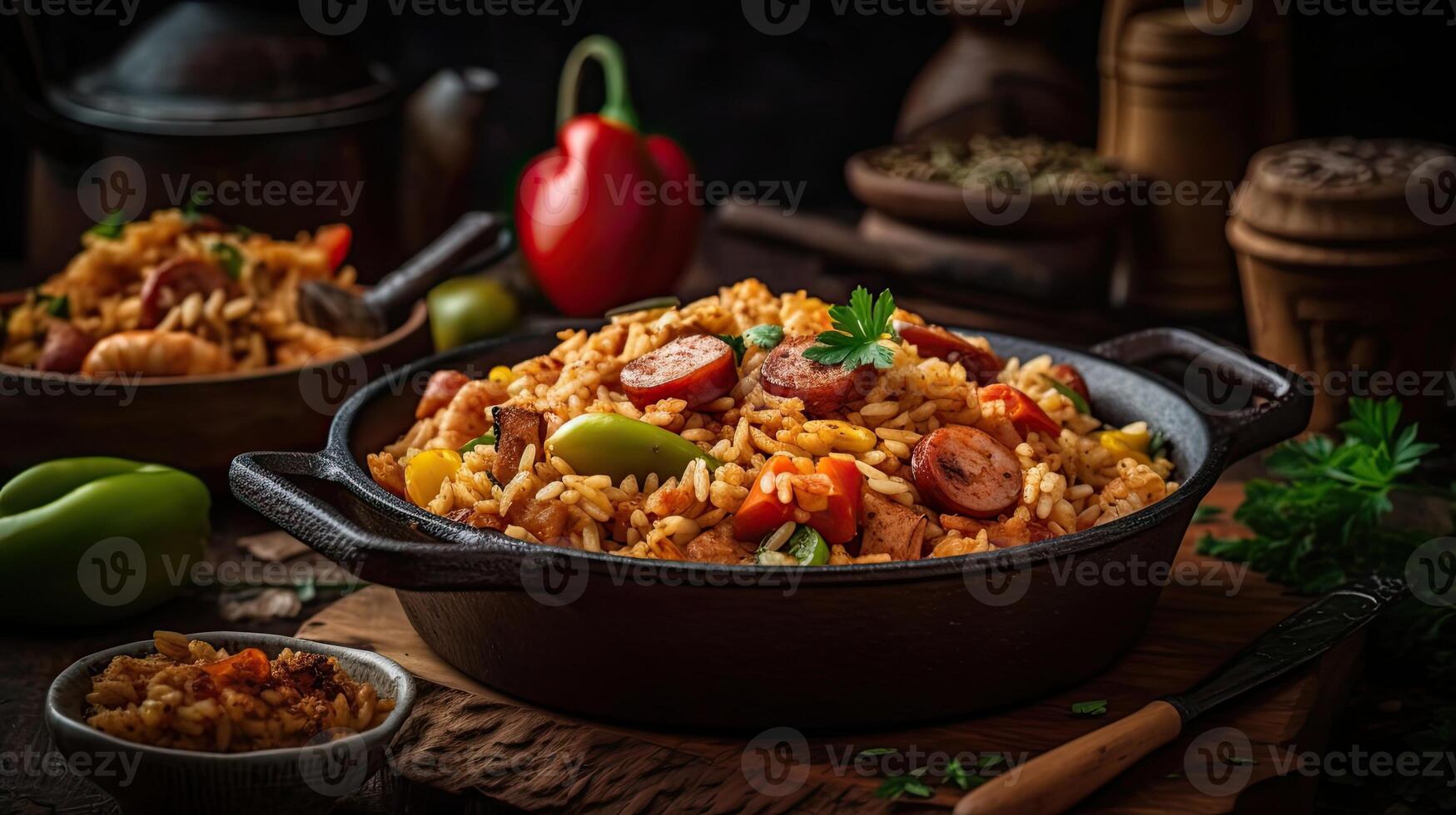 fried rice on ceramic bowl full of prawns and sausages with blurred background, photo