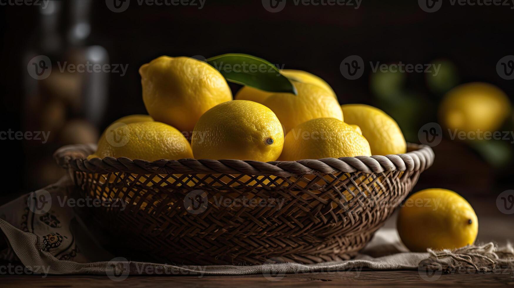 Fresh Lemon in a bamboo basket with blurred background, photo