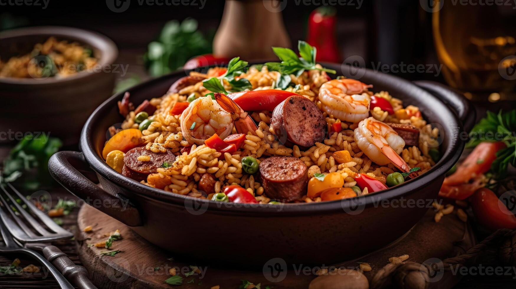 Fried Rice on ceramic bowl full of prawns and sausages with blurred background, photo