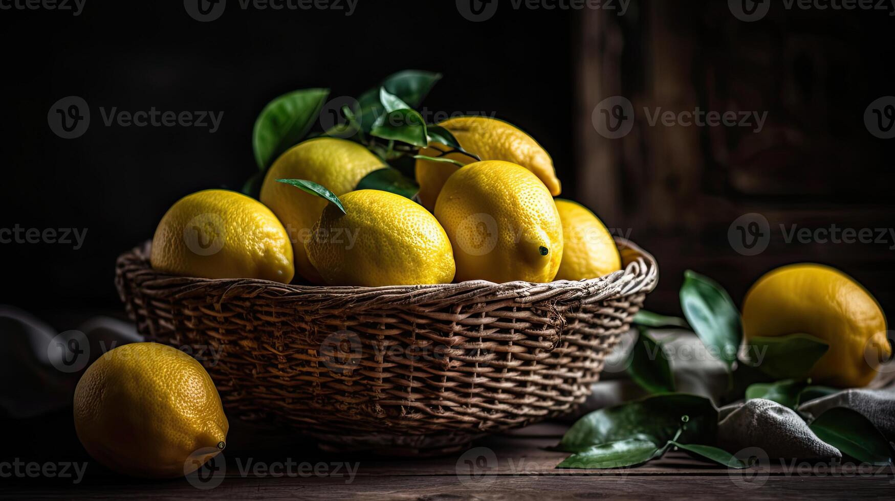 Fresh Lemon in a bamboo basket with blurred background, photo