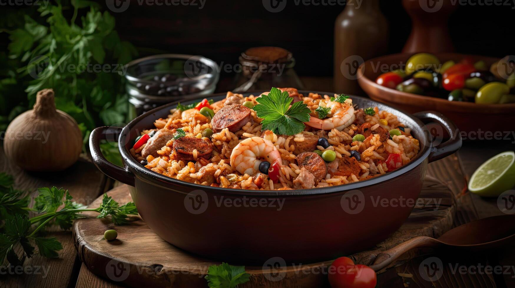 fried rice on ceramic bowl full of prawns and sausages with blurred background, photo