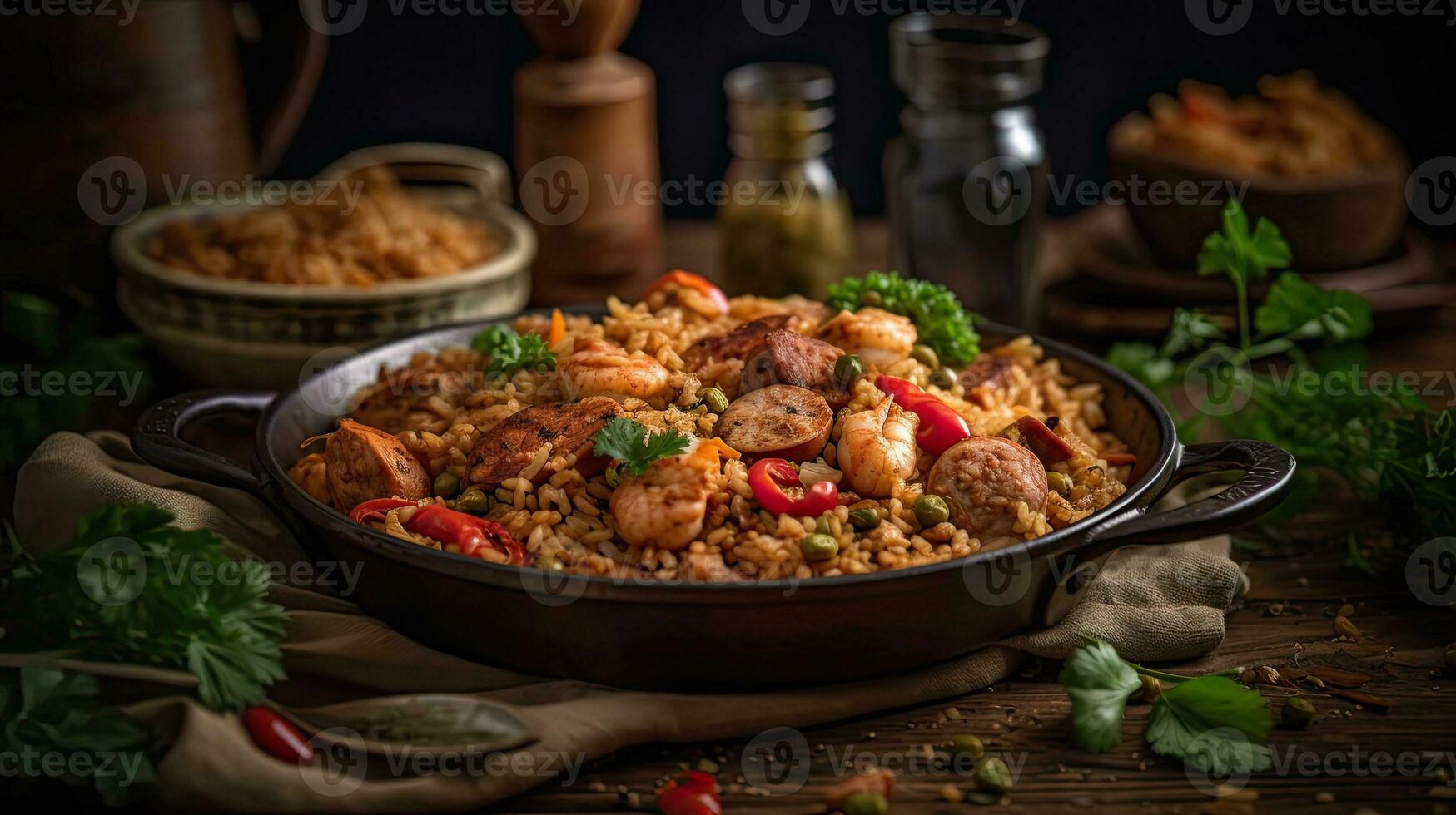 fried rice on ceramic bowl full of prawns and sausages with blurred background, AI Generative photo