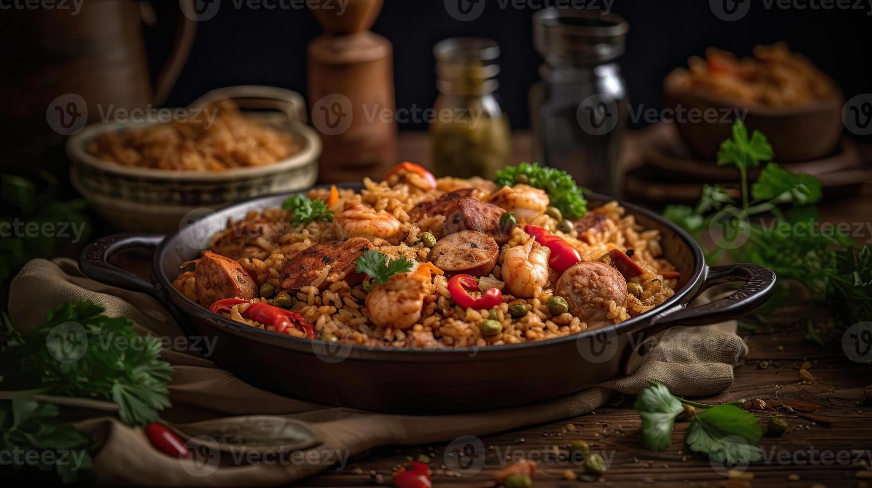 fried rice on ceramic bowl full of prawns and sausages with blurred background, photo