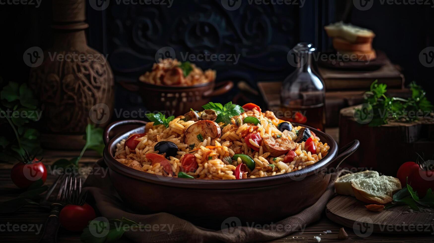 fried rice on ceramic bowl full of prawns and sausages with blurred background, photo