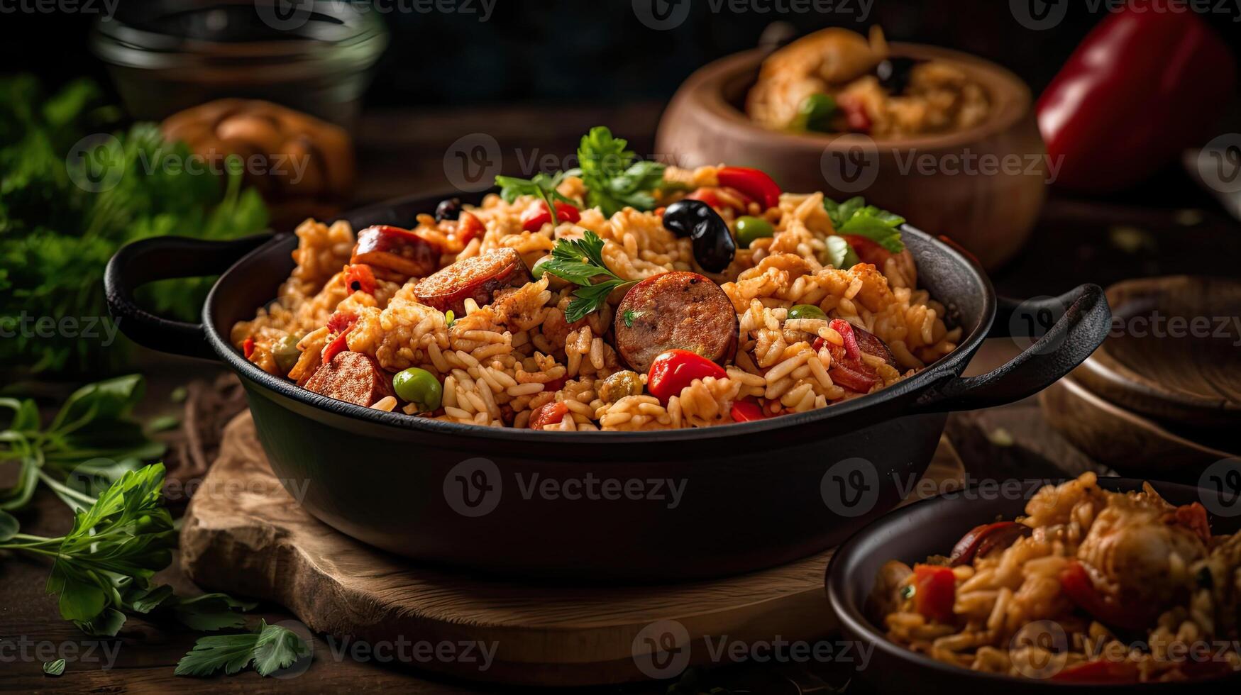 fried rice on ceramic bowl full of prawns and sausages with blurred background, photo