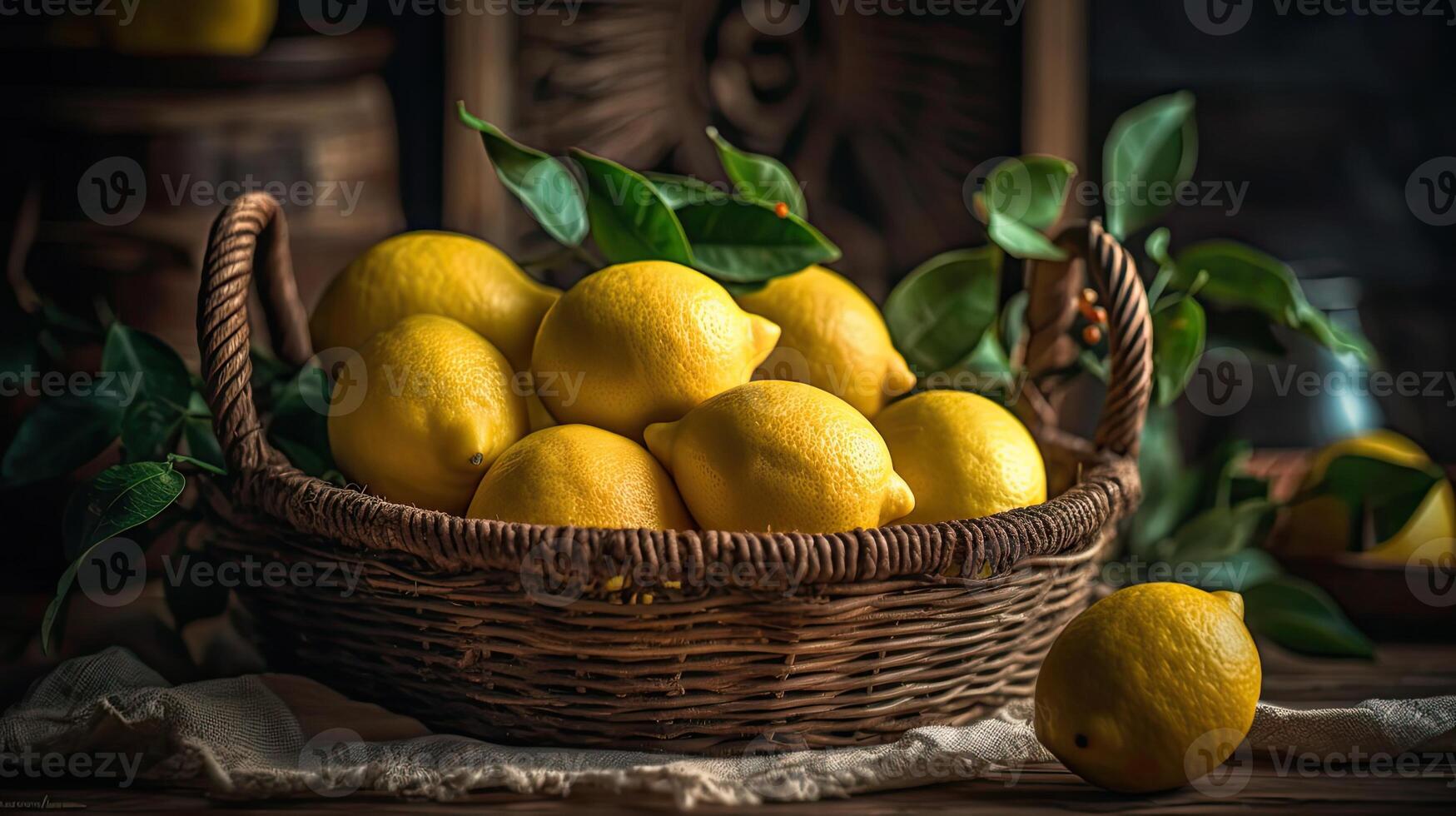 Fresh Lemon in a bamboo basket with blurred background, photo