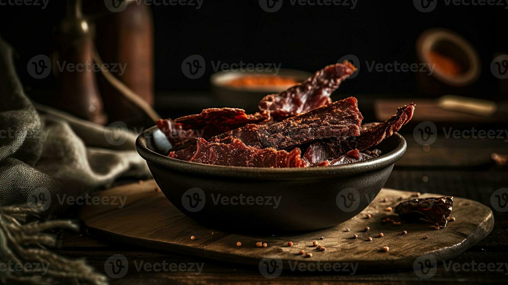 cerca arriba picante carne de vaca espasmódico con borroso fondo, ai generativo foto