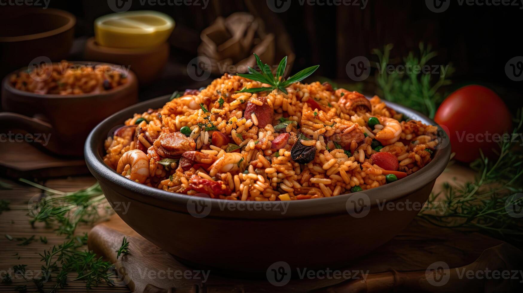 Fried Rice on bowl full of prawns and sausages with blurred background, photo
