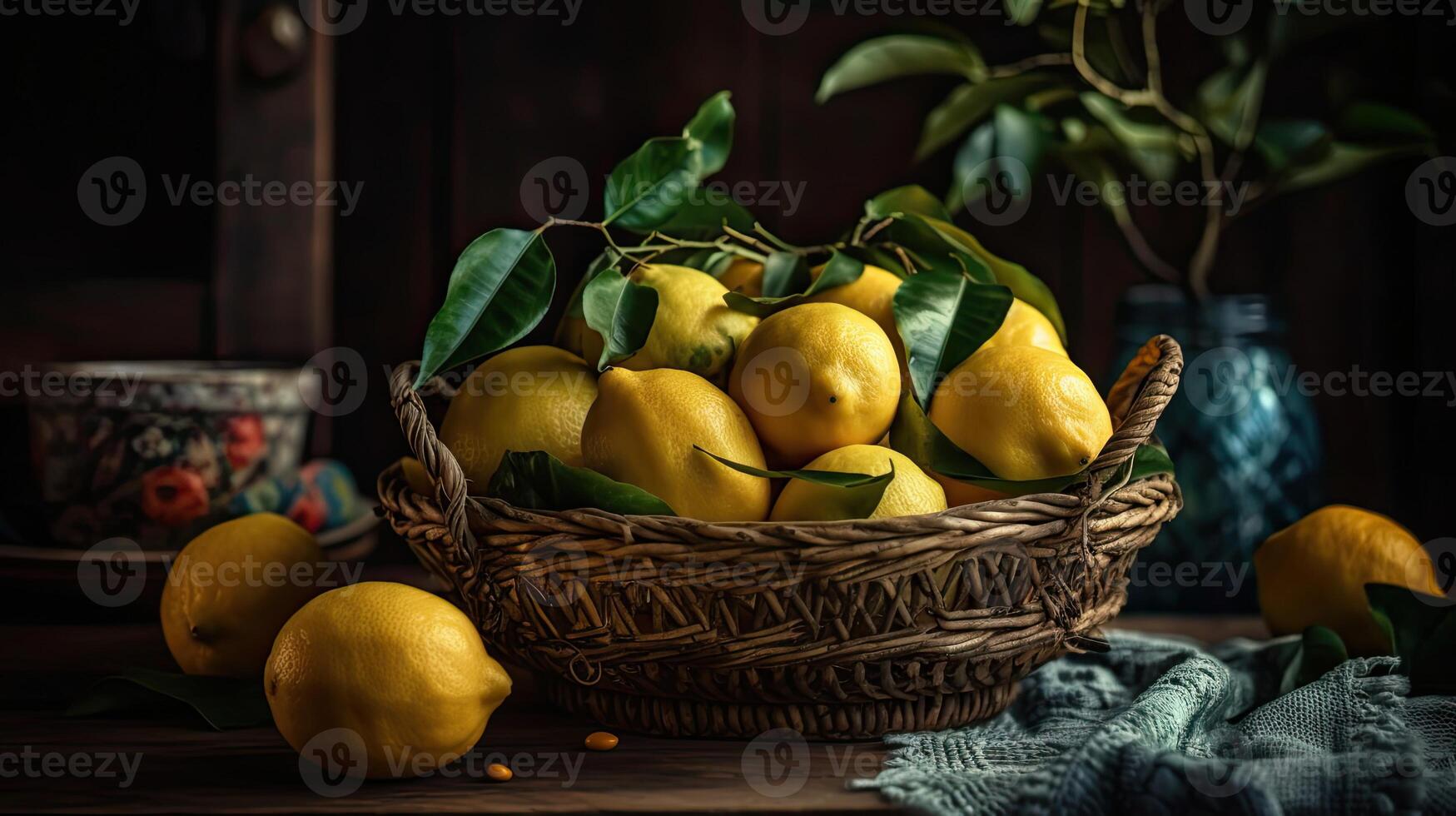Fresh Lemon in a bamboo basket with blurred background, photo