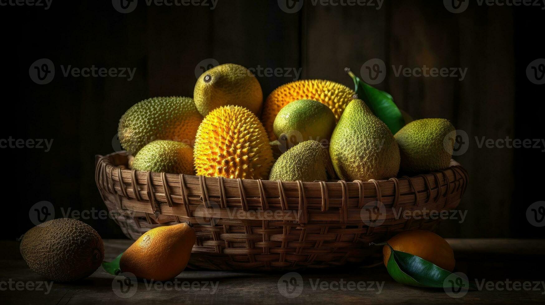 cerca arriba Jack frutas en bambú cesta con Jack Fruta hoja ornamento y borroso fondo, ai generativo foto