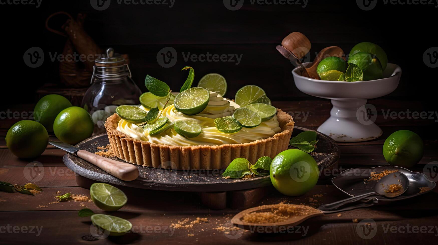 close up sweet lime pie with sliced lime fruit blur background, AI Generative photo