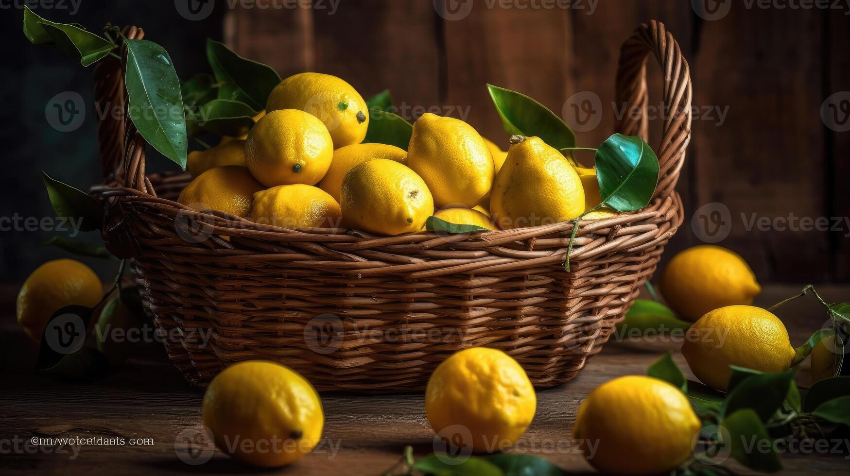 Closeup Fresh Lemon in a bamboo basket with blurred background, photo