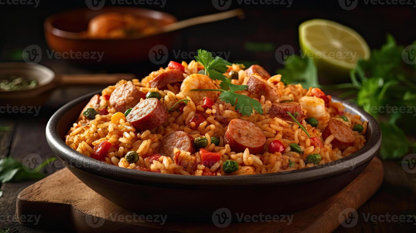 fried rice on ceramic bowl full of prawns and sausages with blurred background, photo