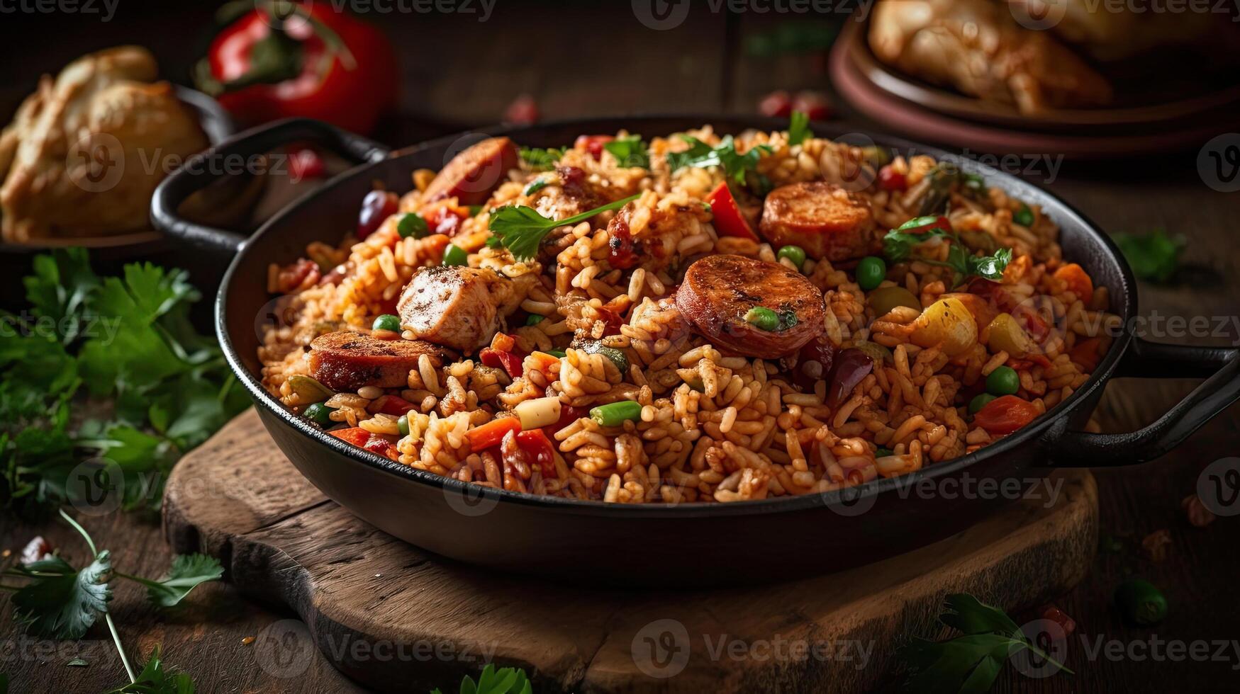 fried rice on ceramic bowl full of prawns and sausages with blurred background, photo