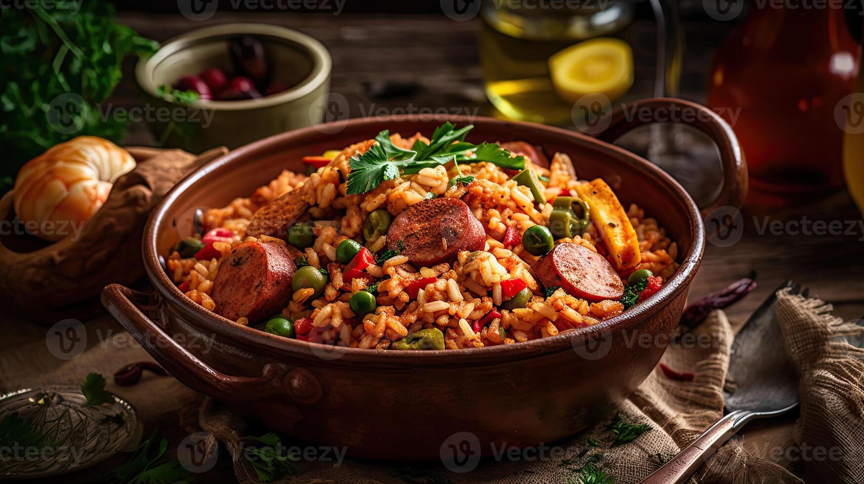 fried rice on ceramic bowl full of prawns and sausages with blurred background, photo