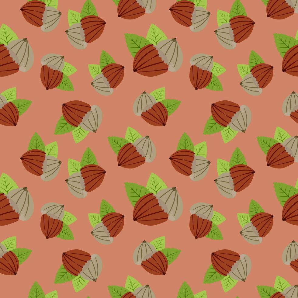 Seamless hazelnut pattern background. Illustrated hazelnuts on brown background. Repeatable Hazel pattern backdrop.  Editable Vector Illustration. EPS 10.